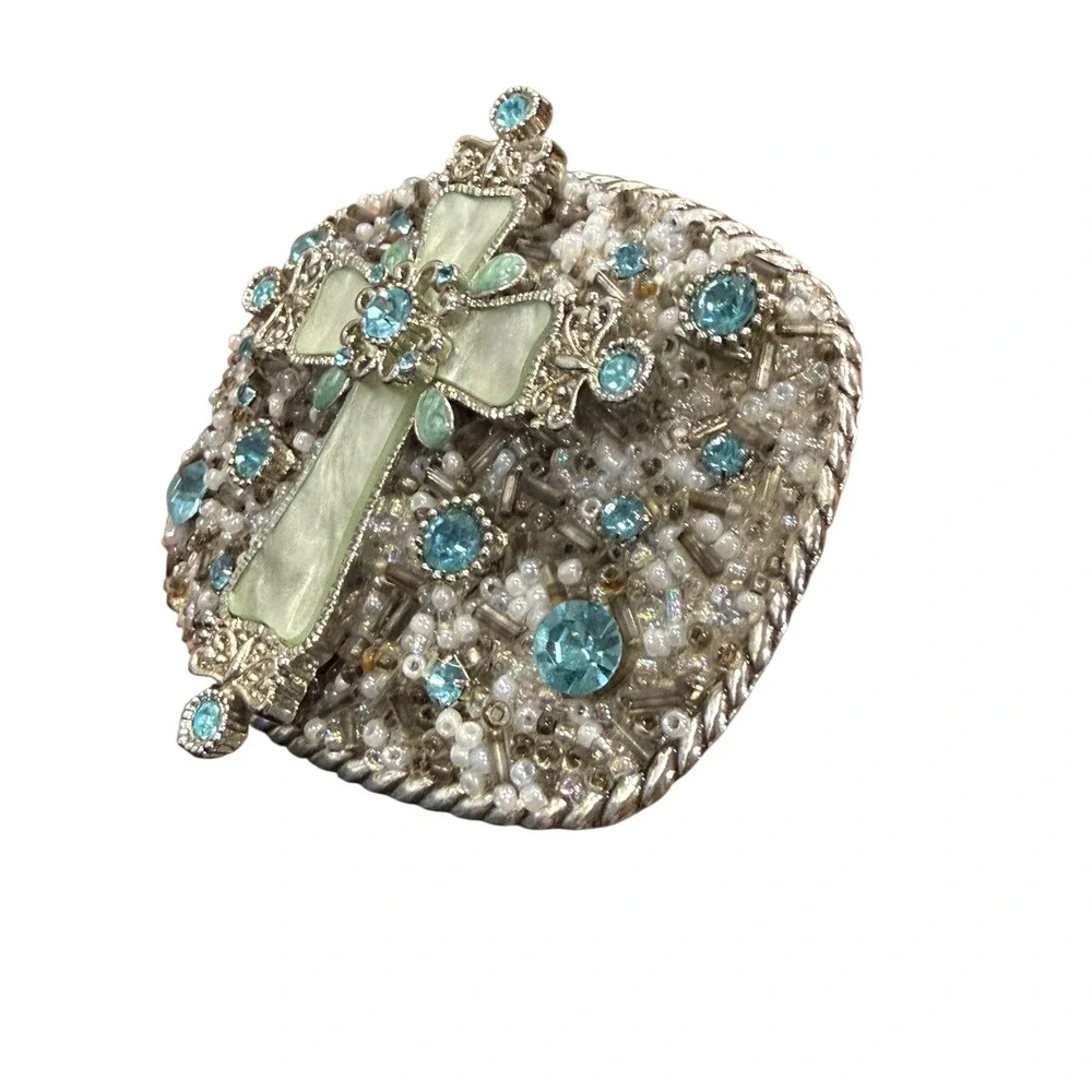 T's Buckin Buckles Cross Belt Buckle Western Christian Cowgirl Blue Rhinestone - Picture 5 of 10
